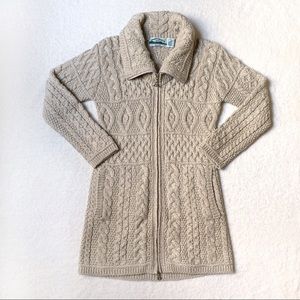 Extra Long Merino Wool Cable Knit Zip Up Sweater